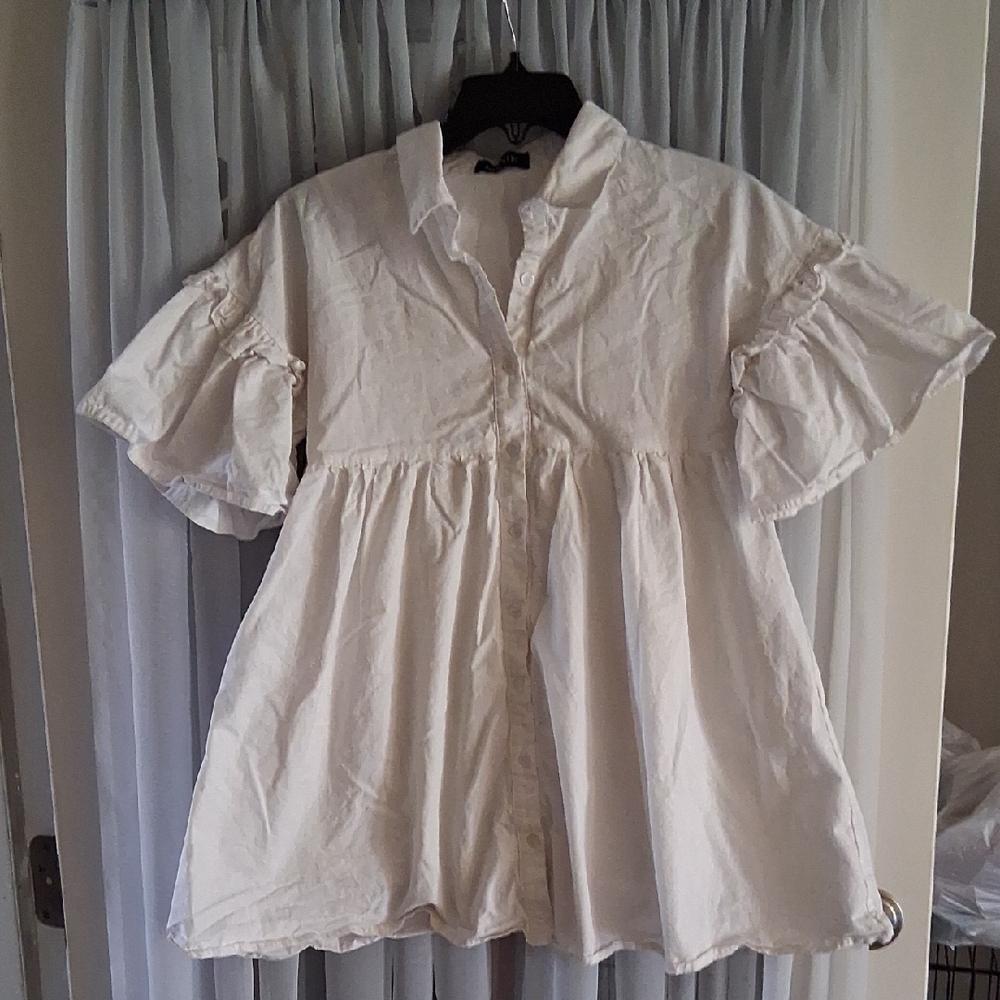 fab'rik Cream Ruffle-Sleeve Button-Front Mini Dress